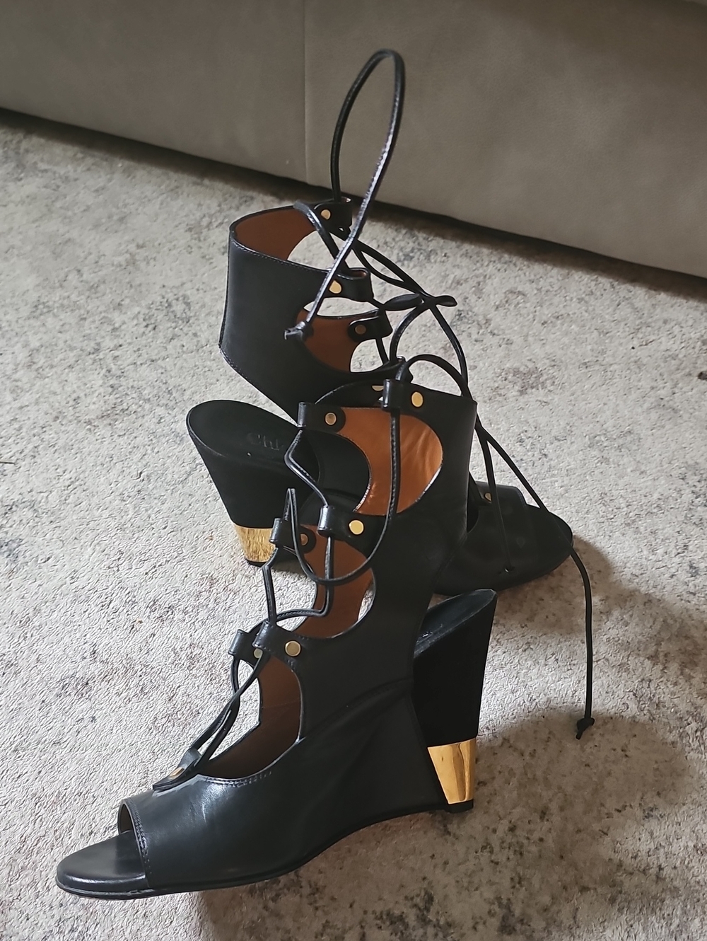 Chloe Black Leather Lace-Up Wedge Sandals with Gold Heel